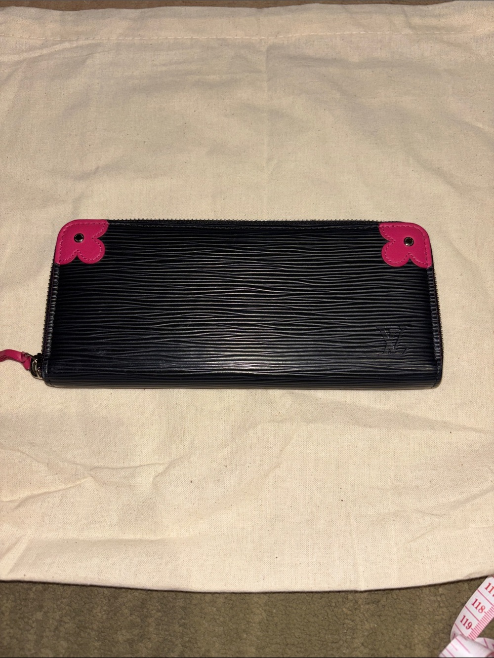 Louis Vuitton Black Epi Leather Zip-Around Wallet with Pink Flower Corners